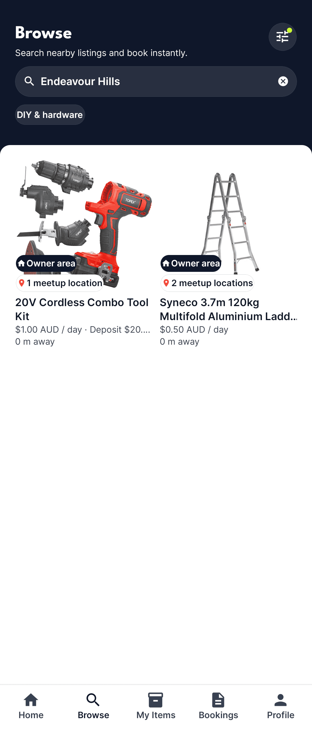 Renme browse screen - search and filter items